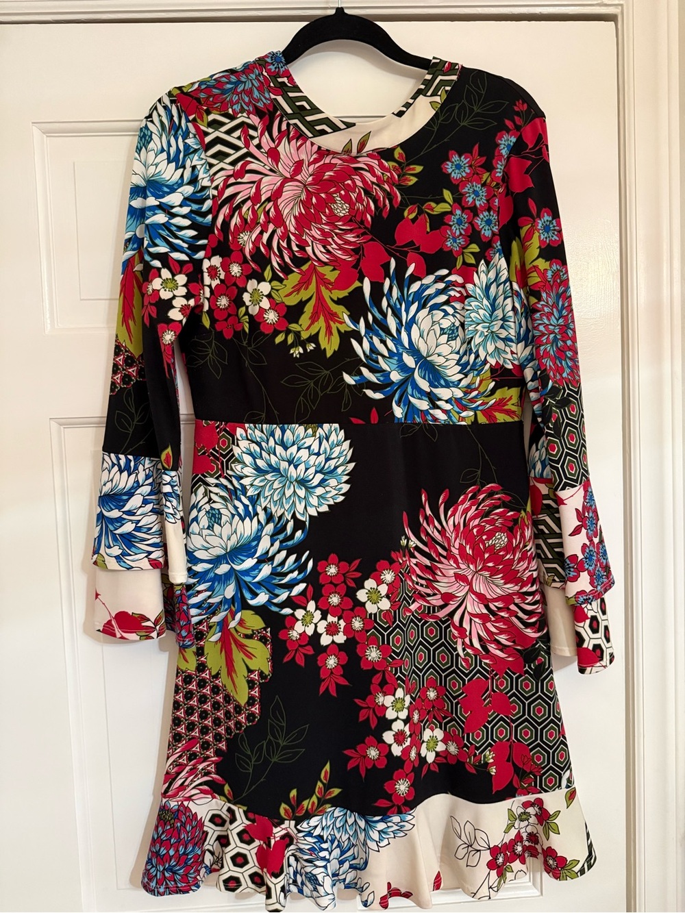 Hale Bob Black Floral Long-Sleeve Dress with Blue, Pink & Green Accents